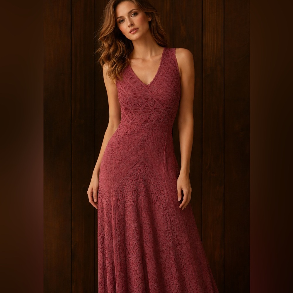 Vtg Studio West Red Burgundy Crochet Lace Sleeveless Lined Maxi Boho Dress